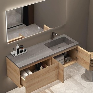 Meuble de salle de bain intelligent couleur bois, armoire de rangement minimaliste avec miroir, lavabo intégré en ardoise - Product Image 4