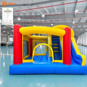 Casa Gonfiabile Ceyu con Scivolo e Scala per Arrampicata, Pilastro Rosso, Arco Giallo, Rete a Maglie, Base <span class=keywords><strong>Blu</strong></span>, per Feste all'Aperto per Bambini - Product Image 1