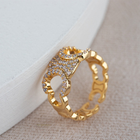 Bague ouverte ajustable en cuivre plaqué or avec micro-pavé de zircon étincelant et double C creuse, bijou de tous les jours