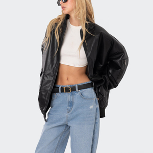 Giacche in ecopelle da <span class=keywords><strong>donna</strong></span> con <span class=keywords><strong>Bomber</strong></span> da Baseball oversize in Pu <span class=keywords><strong>lungo</strong></span> Design personalizzato di moda Vintage - Product Image 4