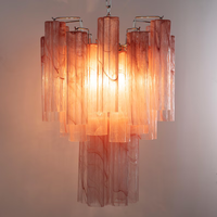 Grand Lustre Tube d'Albâtre Rose en Verre de Murano à Trois Niveaux