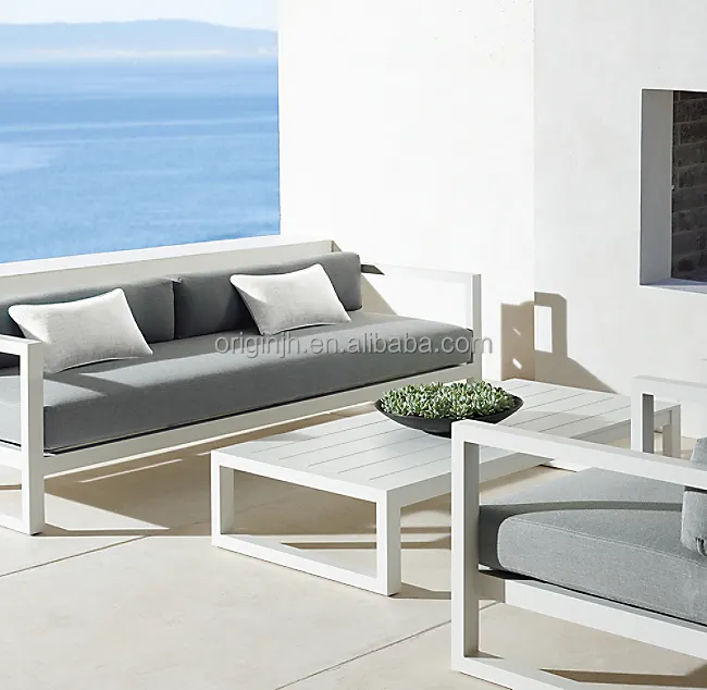 Mobiliário de alumínio para jardim, mesa de café branco para lazer e sofá de metal de alumínio