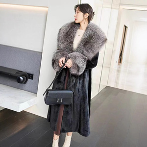 Mantel Bulu Imitasi Wanita Musim Gugur/Dingin 2024 Terbaru, Model Panjang Sampai Lutut, Kerah Bulu Rubah Jahitan Silang, Bulu Imitasi Mewah - Product Image 4