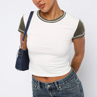 T-shirt basique ajusté à double doublure pour femme, design personnalisé, coutures contrastées, coupe slim, en coton, style crop top – Grande Vente