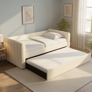 <span class=keywords><strong>Lit</strong></span> d'appoint double avec <span class=keywords><strong>lit</strong></span> <span class=keywords><strong>gigogne</strong></span>, silhouette épurée, tissu bouclé capitonné, pour chambre d'hôtes - Product Image 1