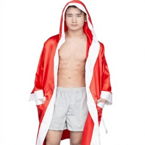 HAWK SPORTS INDUSTRIES Robe de boxe à capuche en satin noir avec ceinture bleue, durable, confortable, en polyester, pour entraînement MMA et Muay Thai, personnalisable - Product Image 1