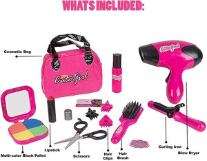 Conjunto de salón de belleza para niños, juguete de simulación de moda con bolsa de cosméticos, secador de pelo, rizador, paleta de rubor - Product Image 3