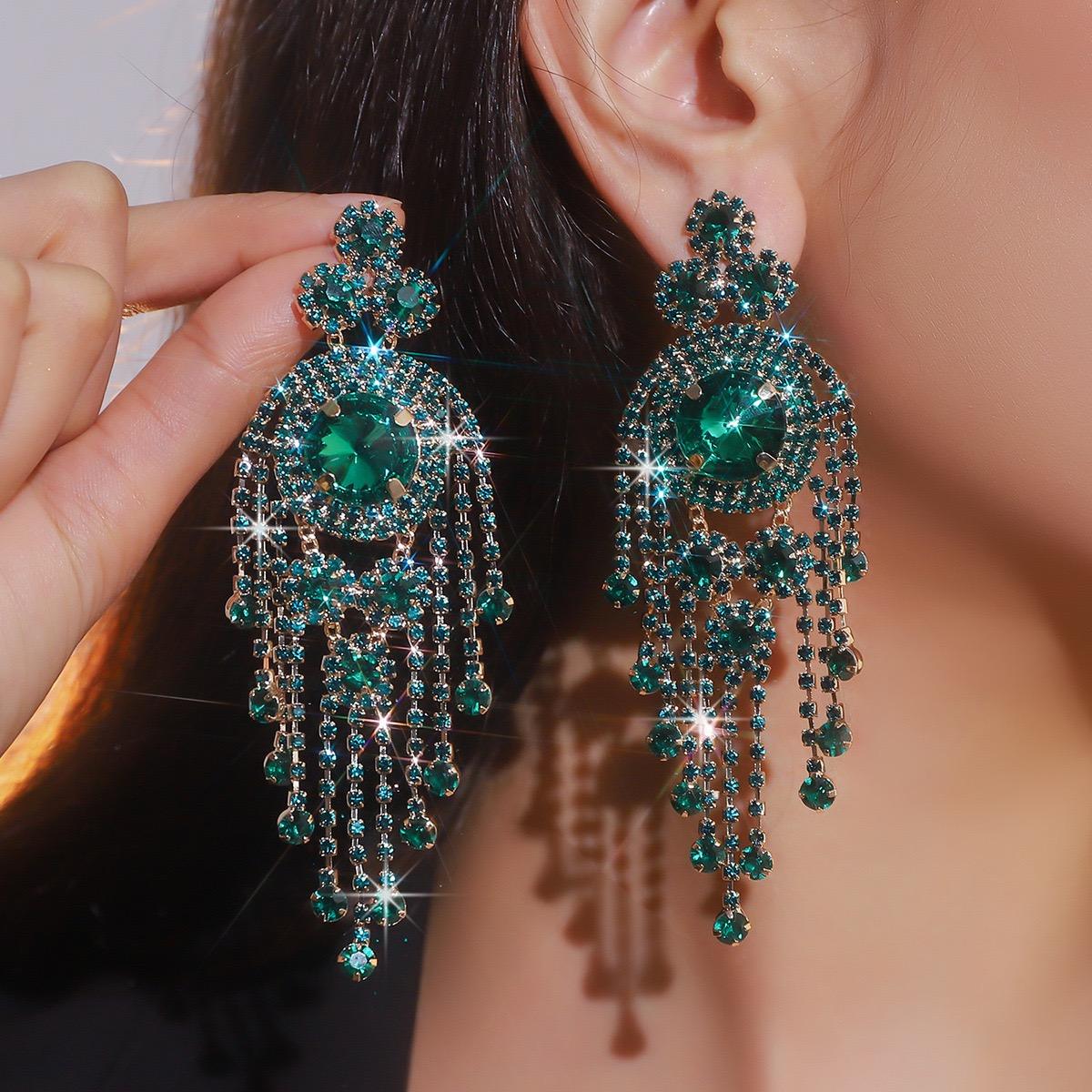 JXER165- Round Crystal Diamond tassel Earrings - Green