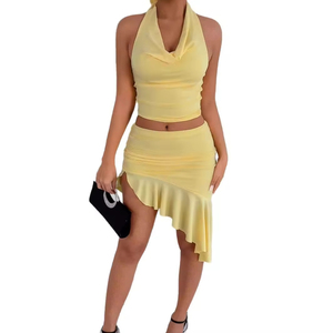 Ensemble robe d'été pour femme, style européen et américain, sexy, col licou, ourlet irrégulier, moulant, taille naturelle, en mousseline de soie - Product Image 1