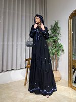 Abaya de Luxe Noire Hafizah pour Femme, Robe de Soirée Musulmane Bleu Foncé Broderie Florale, Kaftan Élégant Dubaï Turquie 2026