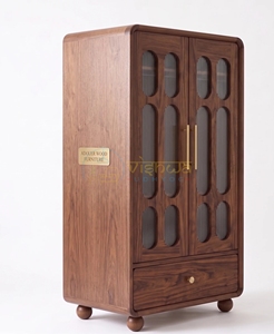 Vintage Walnut Wood Wardrobe with Arched Glass Panel Doors and Drawer Elegant Bedroom Storage <b>Cabinet</b> with <b>Retro</b> Modern Designs - Product Image 5