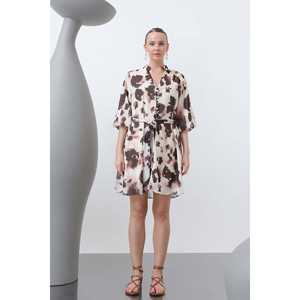 Robe élégante en mousseline de soie pour femme, beige et marron foncé, col rond, taille naturelle, style cocktail, respirante, courte - Product Image 3