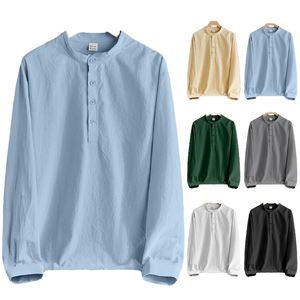 Camisa Henley de Lino y Algodón para Hombre con Logotipo Personalizado, Manga Larga, Cuello Mao, Corte Holgado Informal, Color Sólido - Product Image 1