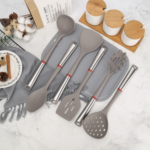 Modern Simple 7Pcs Food Grade Silicone <b>Kitchen</b> <b>Utensil</b> Set <b>Stainless</b> <b>Steel</b> Handle with Hanging Storage Stand - Product Image 3