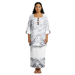 Vestido Puletasi Samoano de Dos Piezas con Diseño Tribal Polinesio de Primavera/Verano, en Poliéster, Estampado Personalizado, Elegante y Formal para Eventos - Product Image 1