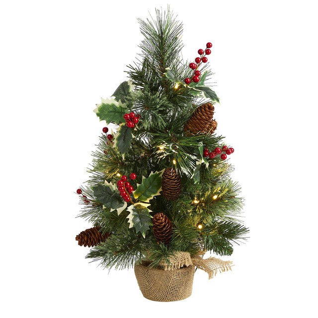 TANGXI Wholesale Mixed Pine Artificial Mini Christmas Tree with Holly Berries, Pine Cones, Clear Led Lights and Burlap Base