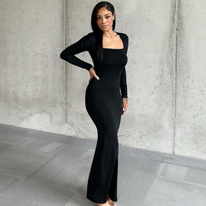 Abiti eleganti alla moda semplice tinta unita Slim Maxi abiti a spacco da donna <span class=keywords><strong>grande</strong></span> prezzo vestito svasato - Product Image 1