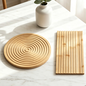 Tabla de cortar de bambú redonda con patrón de ondas de agua, bandeja multifuncional para servir pasteles, pan, té y fiestas. - Product Image 1