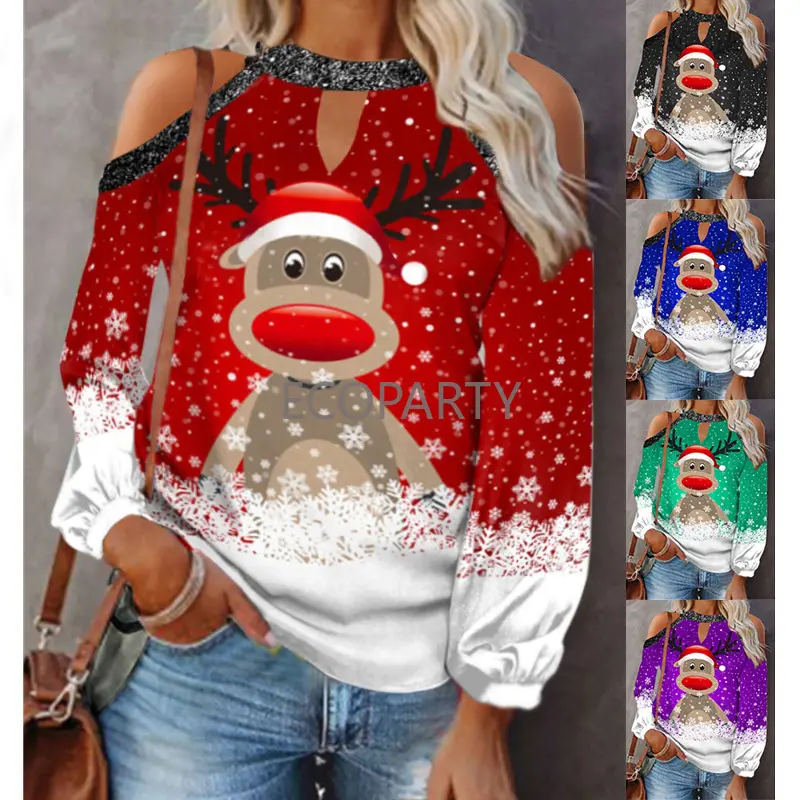 Sexy Off Shoulder Kerst Vrouwen Blouse Mode Eland Print Losse Casual Pullover Herfst Winter Lange Mouwen Sweatshirts Top Xmas