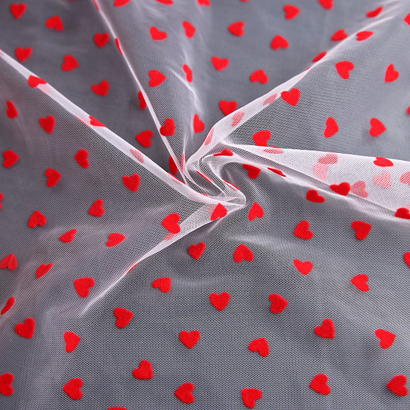 Wholesale Custom Breathable Small Heart Flocked Nylon Mesh Tulle Fabric for Womens Dress Tulle Kids Clothing and Lingerie Style