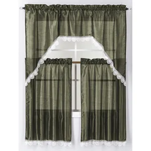 3pcs Faux Silk Embroidery Kitchen Window Curtain and Cafe Curtain