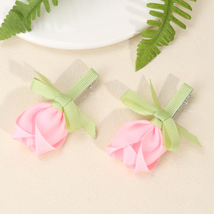 CN 2pcs épingles à cheveux en ruban faites à la main pinces à cheveux fleur rose douce pour les filles - Product Image 1