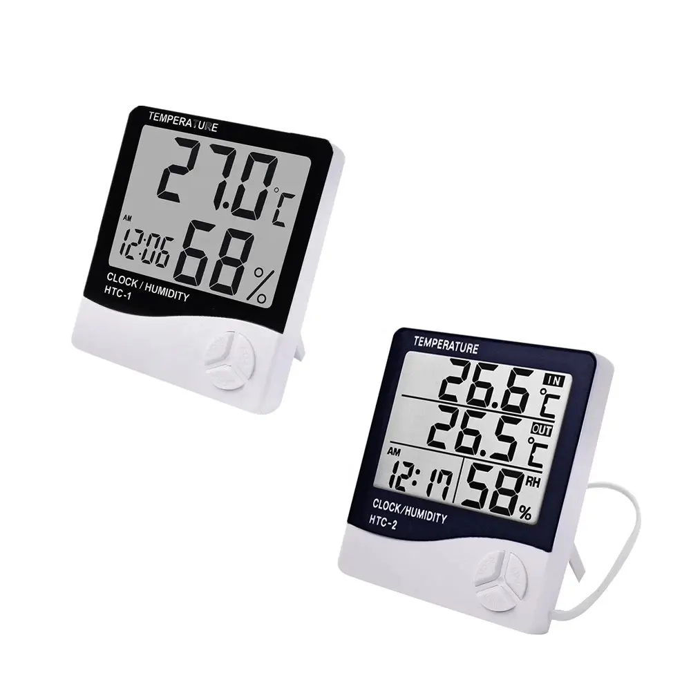 เครื่องวัดอุณหภูมิและความชื้น,หน้าจอ LCD อิเล็กทรอนิกส์ดิจิตอลเทอร์โมมิเตอร์ Hygrometer ในร่มกลางแจ้งสถานีอากาศนาฬิกา HTC-1 HTC-2