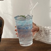 Tasse à café isotherme en verre avec paille, mug portable pour Americano glacé, boissons froides et lait, motif lettres bleues