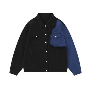 Hot Sale Men Embroidery Coat Custom Color Block Patch Frayed Distressed Denim Turn Down Collar Jackets Oversized Unisex