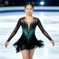 Robe de patinage artistique dégradé noir-vert, manches longues en maille, col en V, ornée de strass, pour femmes et filles, compétition et spectacle sur glace