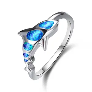 Blue Fire Opal Cincin Hiu Kreatif Mode Vintage 925 Perak Murni Cincin Hewan untuk Wanita Pernikahan Janji Pertunangan