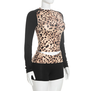 Viviblook J26ST410 Women Autumn Shorts Set Round Neck Leopard Print <b>Long</b> <b>Sleeved</b> <b>Crop</b> Top Low Waist Shorts Two Piece Set - Product Image 3