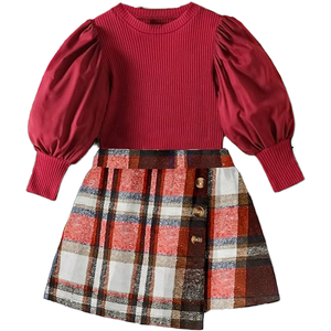 So Cute! Toddler Girls' Fall Winter Skirt Set - Puff Sleeve Top & Plaid Skirt Outfit For 2-8 Years