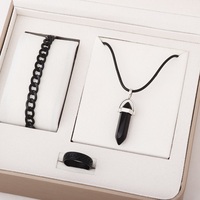 Ensemble de bijoux trois pièces Hip Hop pour homme : pendentif en quartz noir, collier en cuir, bracelet chaîne gourmette et bague