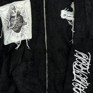 Sudadera con capucha bordada desgastada con lavado ácido de algodón pesado de 600 Gsm personalizada sudadera con cremallera y hombros caídos rasgados - Product Image 4