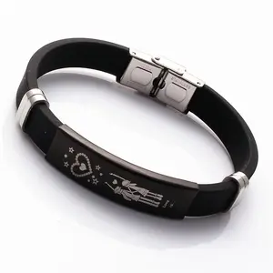 Fashion Friendly Custom Ajustable Belted Bangles Rubber Silicone And Stainless Steel Letter Charm Bracelet Couple