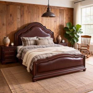 מיטת קינג סייז מרופדת עור ידידותית לסביבה בצבע חום כהה מעץ מלא מגולף בסגנון אמריקאי קלאסי מסורתי יוקרתי, דגם קוואנג'ינג M918 - Product Image 3