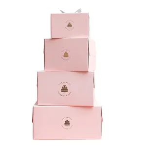 Toptan pembe doğum günü partisi hediye kek kutusu ambalaj özel baskı 10 inç karton kağıt düğün pastası kutusu kolu ile