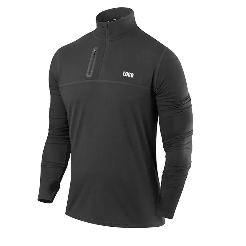 High Quality Performance Half Zipper Long Sleeve T-shirt For Men Athletic Shirts running jersey sport tops With Phone Pockets