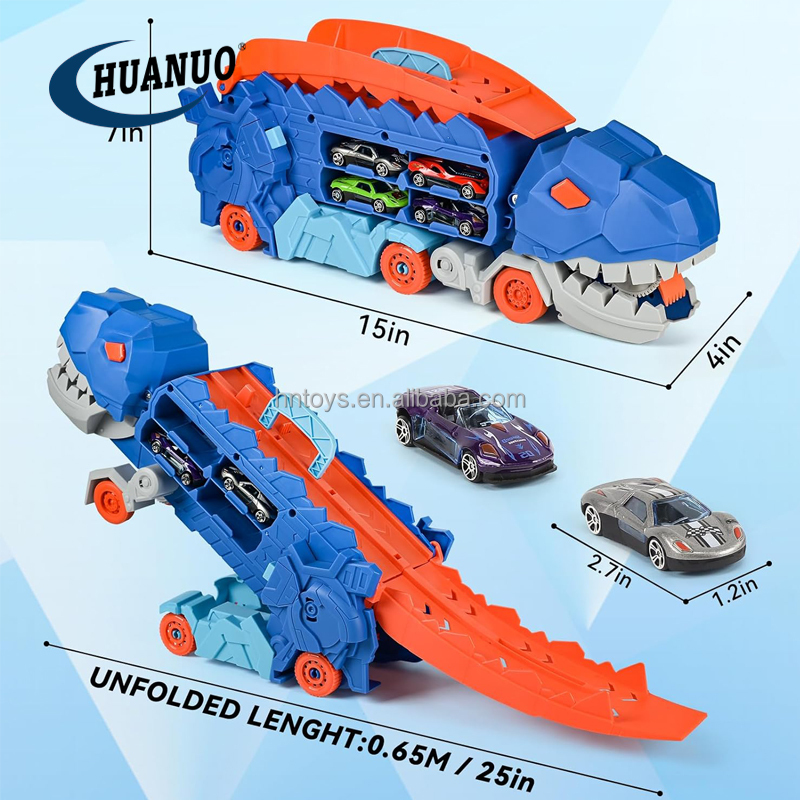 Camion Dinosaure Transformable 2 En 1 Avec 8 Voitures – Piste De Course Pliable – Jouet Portable Pour Enfant Dès 3 Ans – Cadeau Idéal
