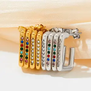 Steel Earrings White Gold Women'S Earrings Colorful Cubic Zirconia Trendy Stainless Steel Earrings 2023 Hoop