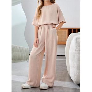 FOXA Girl's 2 Piece <b>Linen</b> Summer Outfit Oversize Half Sleeve <b>Top</b> Wide Leg Pants Casual Breathable Women's Set - Product Image 5