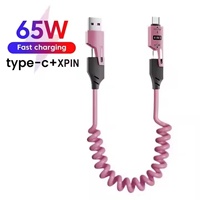 Câble de données court à ressort USB Type C 4-en-1 65W pour Android, chargeur rapide télescopique avec gaine TPE, 25W pour téléphone portable iPhone