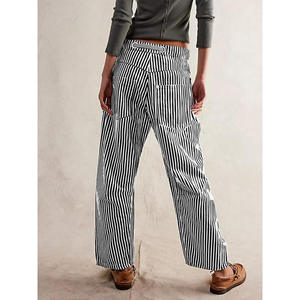 Pantalones de Algodón para Mujer, Estilo Europeo Americano, Cintura Media, Holgados, de Pierna Ancha, con Costuras a Rayas, Bolsillos con Cordón, Diseño Moderno - Product Image 6