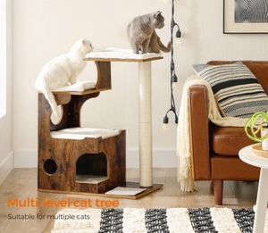 Tour à chat en bois moderne avec 3 lits, poteaux en sisal, fausse fourrure moelleuse, griffoir écologique, emballé en carton, pour usage intérieur et extérieur - Product Image 2