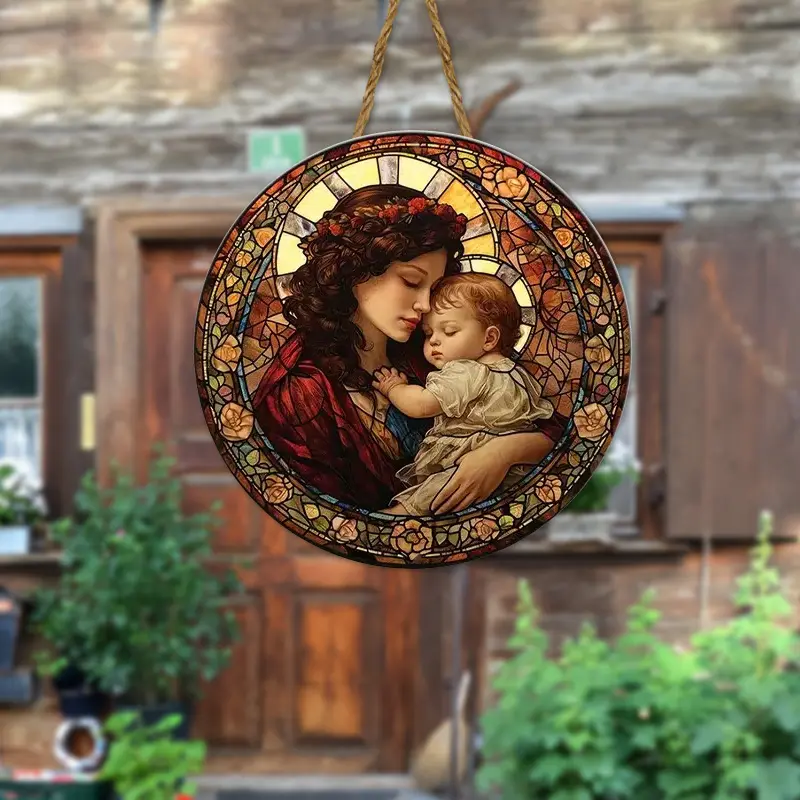 Placas colgantes circulares de madera carteles de madera decoraciones para el hogar y el jardín regalos del Día DE LA Madre para madre e hijo bajo la puesta de sol