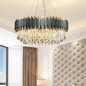 2022 Home Indoor Luxus Runde Kristall Pendel leuchte Edelstahl Schwarz LED-Licht für Wohnzimmer