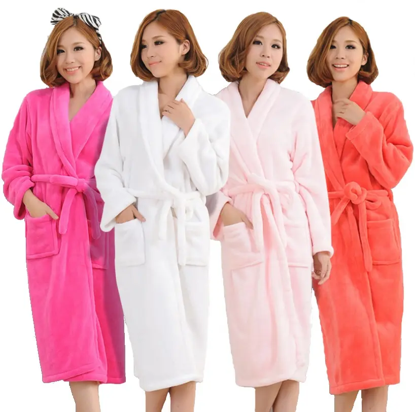 High Quality Simple Solid Color Warm Long Flannel Bathrobe Women Thick Bath Robe Robes Dressing Gown Home Clothes