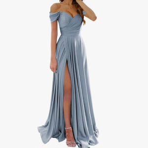 Vestido de Dama de Honor de Satén con Encaje, Corte en A, Cuello en V, Plisado, Hombros Descubiertos, Casual, para Fiesta de Graduación, Cóctel, Largo hasta el Suelo, con Bolsillos para Mujer - Product Image 2