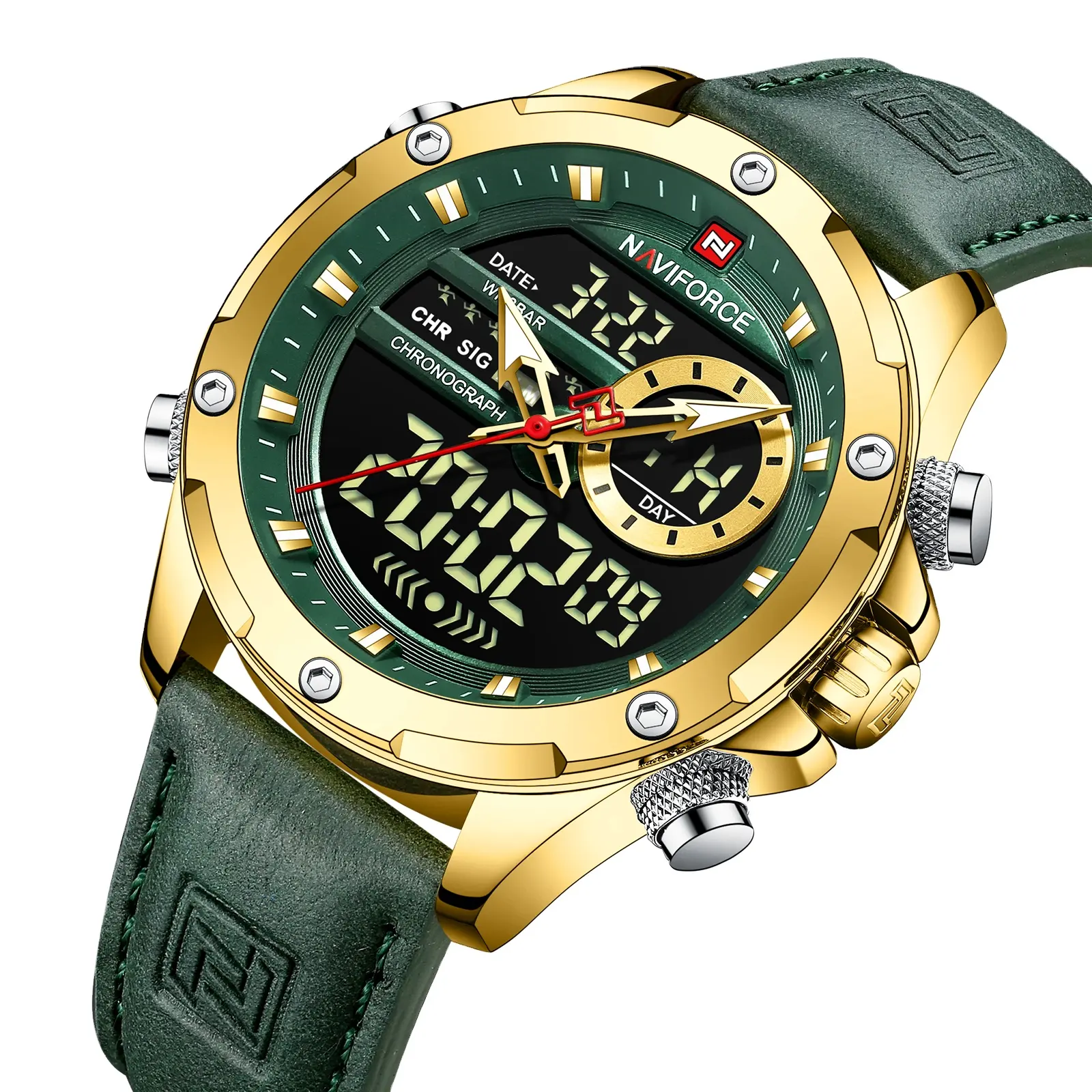 NAVIFORCE Men Watch Digital Sport Top Brand Man WristWatch Gold Genuine Leather Quartz Business Male Clock 9208